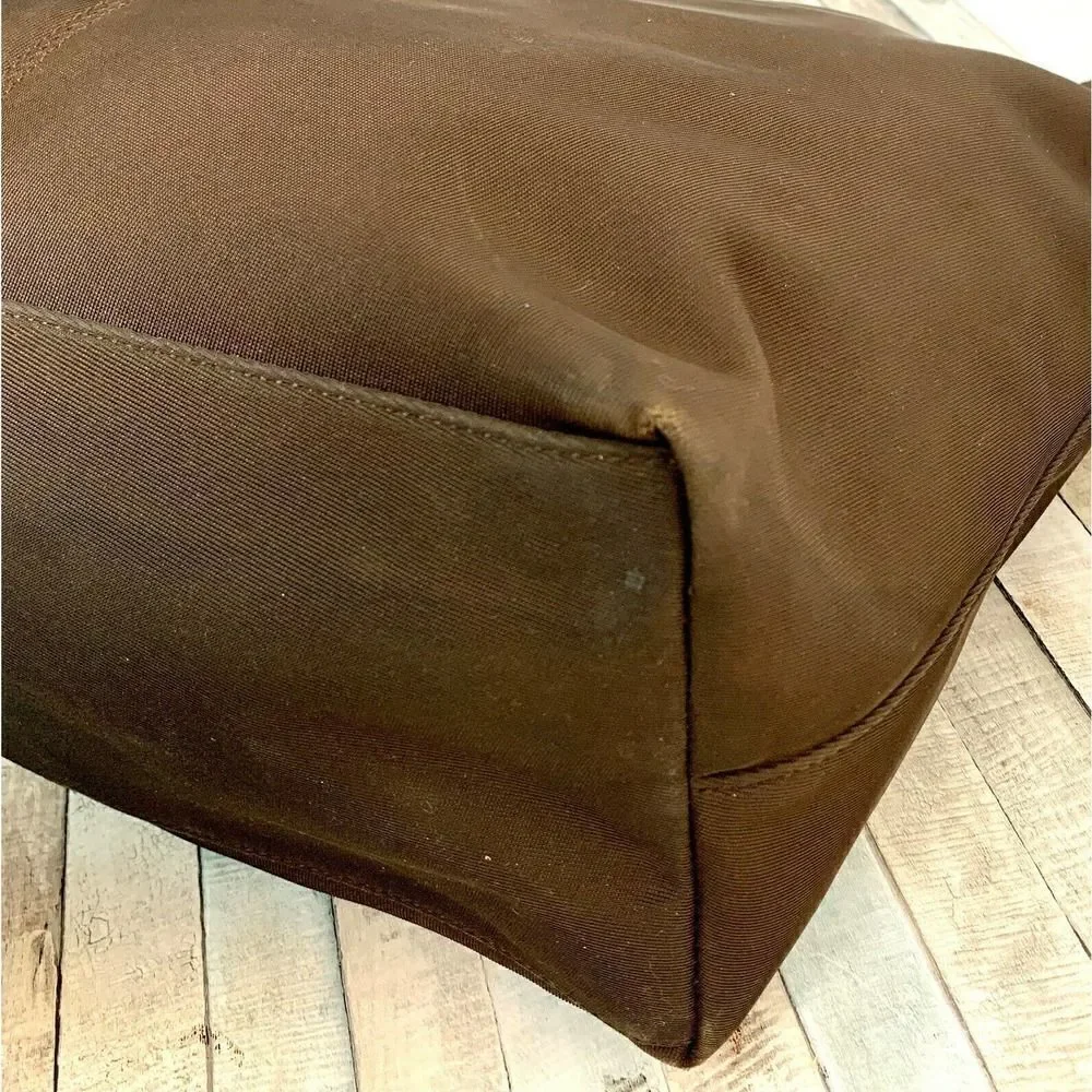 LARGE Charter Club BROWN NYLON CANVAS GENUINE LEATHER HANDLES TOTE HANDBAG PURSE